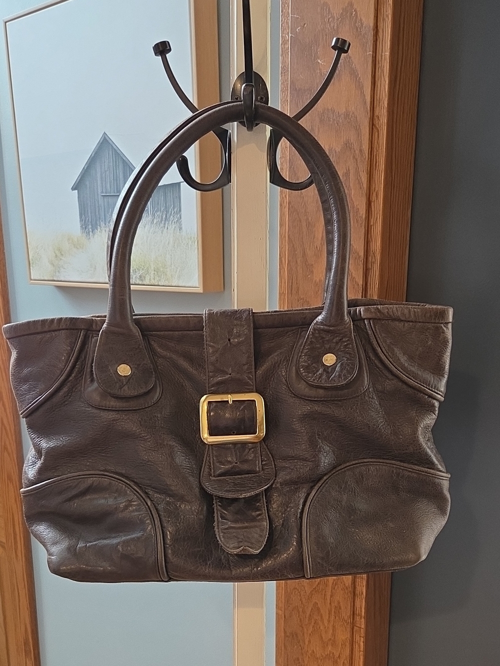 JJ Winters Dark Brown Leather Shoulder Bag with Gold Buckle